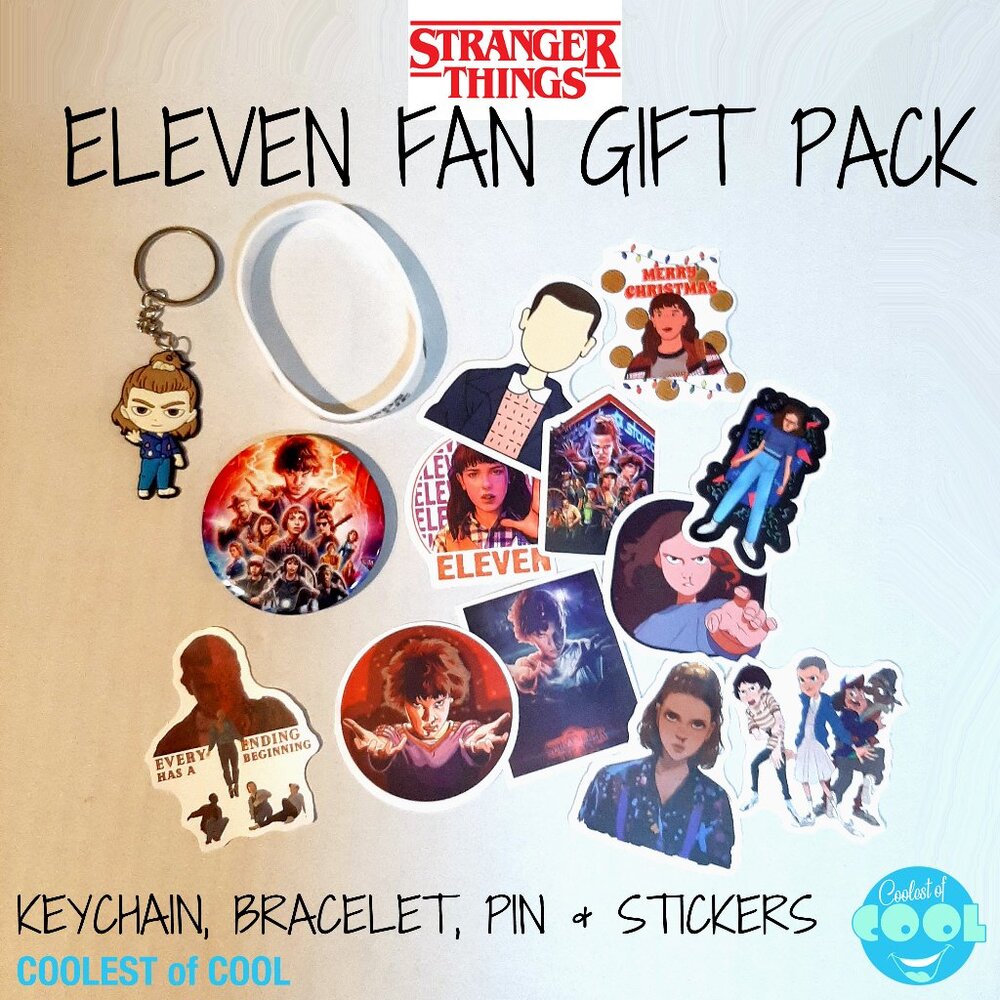 Stranger Things Eleven Fan gift set Keyring Pin Rubber Bracelet Decal Stickers